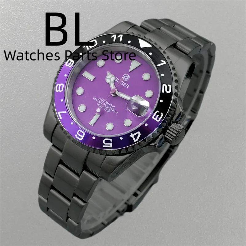 BLIGER 40mm Black Plated NH35 Movement Mens Automatic Watch Sapphire Crystal 316L Bracelet Purple Seconds Date Cyclops Luminous