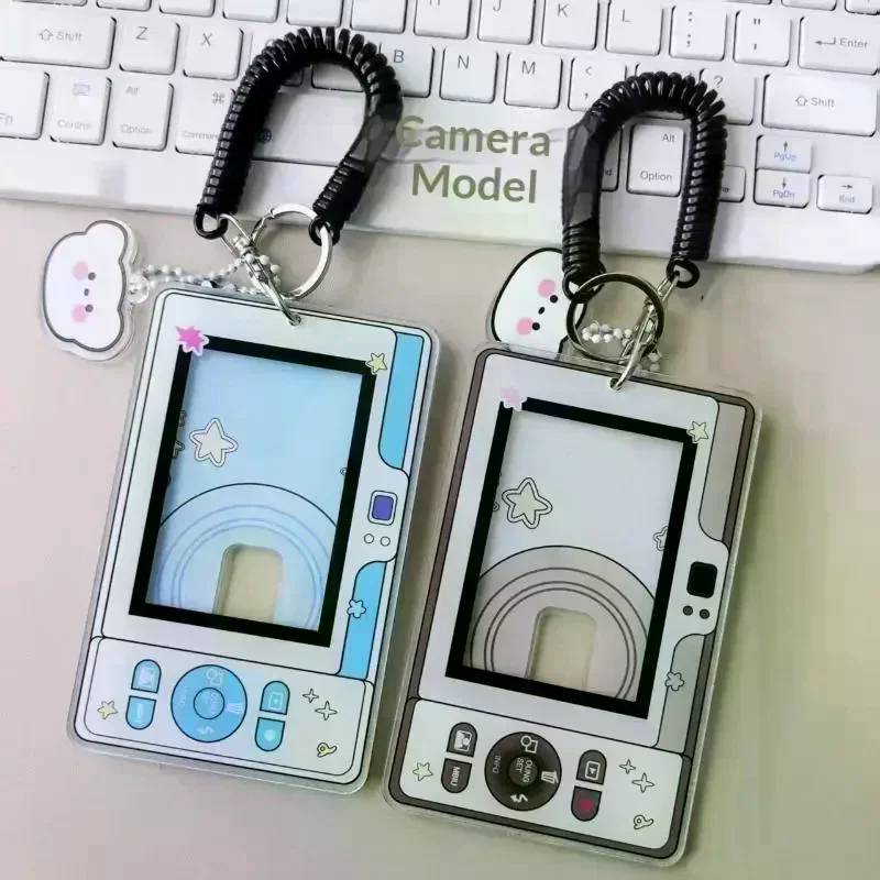 Cute Camera Shaped Acrylic Photocard Holder With Coil Lanyard Clear Window Anti Drop Design For Kpop Fans Collecting Idol 1Pcs