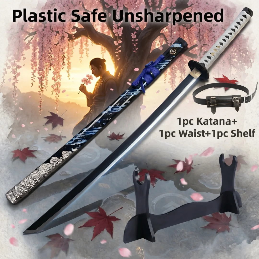 40 Zoll Ghost of Tsushima Katana mit Ständer-Set, Anime Cosplay Requisiten-Schwert, Messerklinge, Säbel, echte Größe, 1:1 Maßstab, Plastikspielzeug, Geschenk