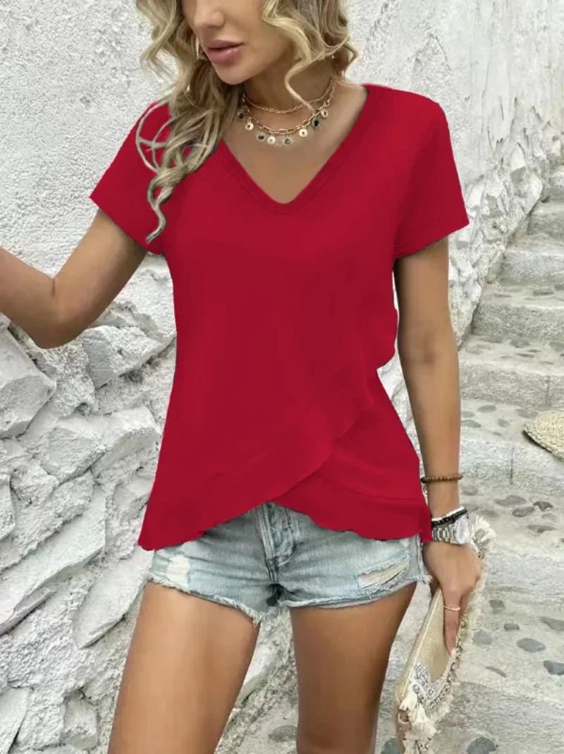 2025 Spring And Summer Fashion V-neck Ruffled Slim Thin Short-sleeved T-shirt Womens Clothes Daily Wear Hot Sale Fashion T-shirt