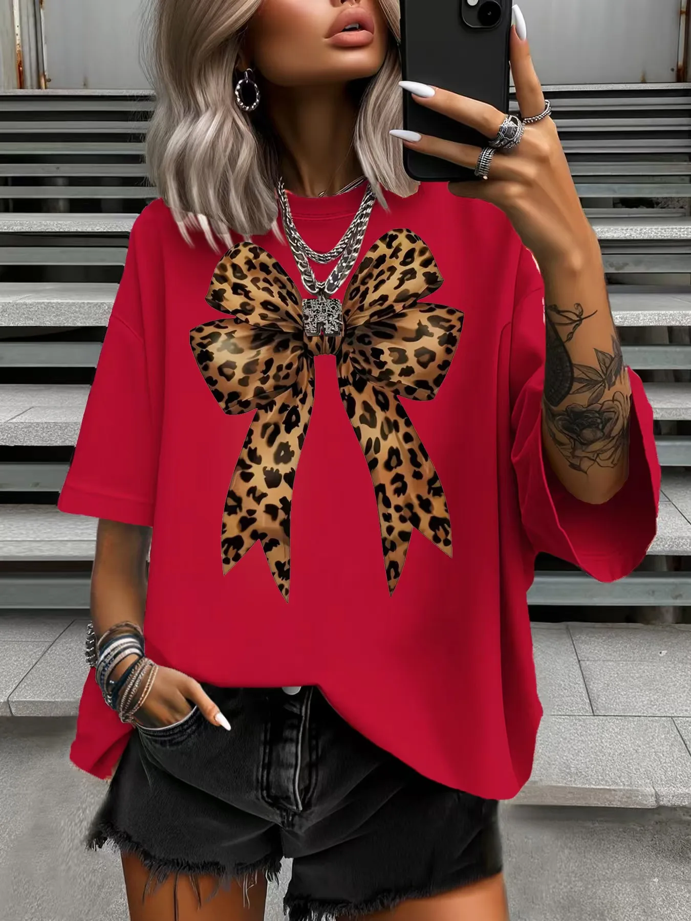 

Summer Women's Plus Size T-Shirt Original Design Fashion Leopard Print Bowknot Women's Casual Soft Round Neck Short Sleeved Tops