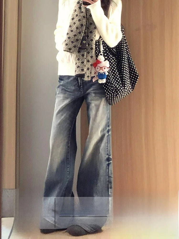 

Широкие джинсы с высокой талией, американские джинсы, женские осенне-зимние новые винтажные потертые прямые джинсы с микро-расклешенными джинсами