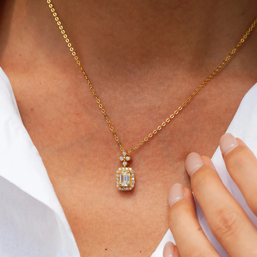 925 Sterling Silver 1CT Emerald Cut Moissanite Pendant Necklace for Women – Halo Design Bridal Jewelry