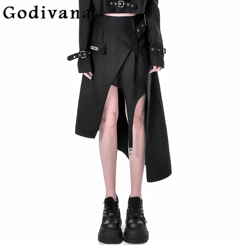 

Spring Summer New Black and Gray Irregular A-line Punk Long Skirt Personalized Girls Fashion Versatile High Waist Street Skirts
