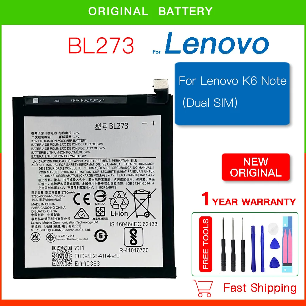 Genuine Replacement 4000mAh BL273  Batteria For Lenovo K6 Note K53a48 K8 Plus XT1902-2 BL-273 Phone Batteries+FREE Kit Tools