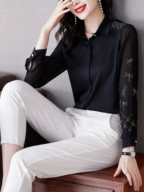 

Loose Long Sve Pure Color irt for Women Turn-down Collar Street Sle Polyester Material Regular Sve Length