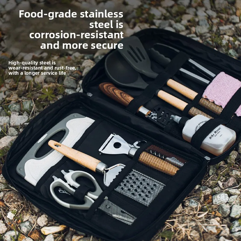 

Camping Cookware Set with Spoon & Cutting Board, Portable Tableware Kit with Storage Bag
