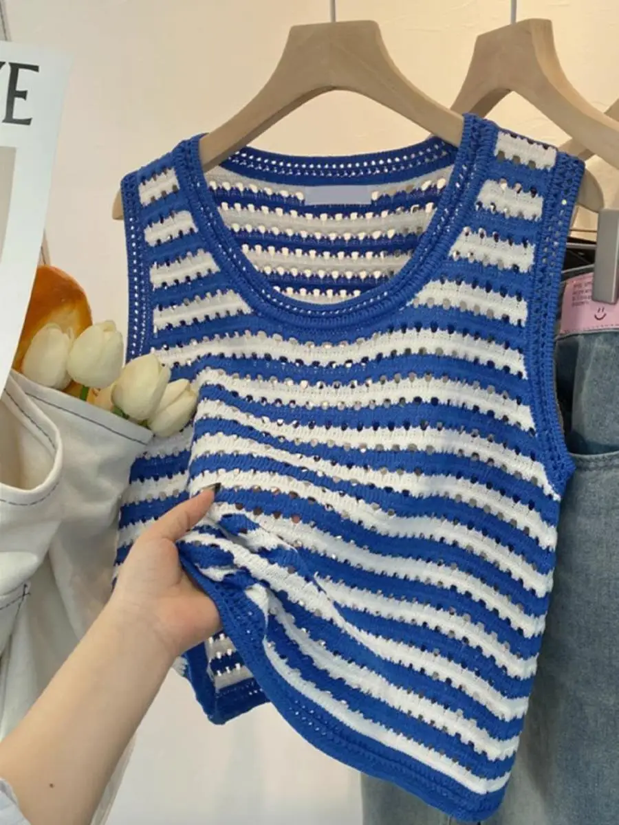 colete-de-trico-listrado-azul-dopamina-com-alcas-design-de-verao-vibrante-solto-sem-mangas-bolso-externo-lenco-estilo-empresarial