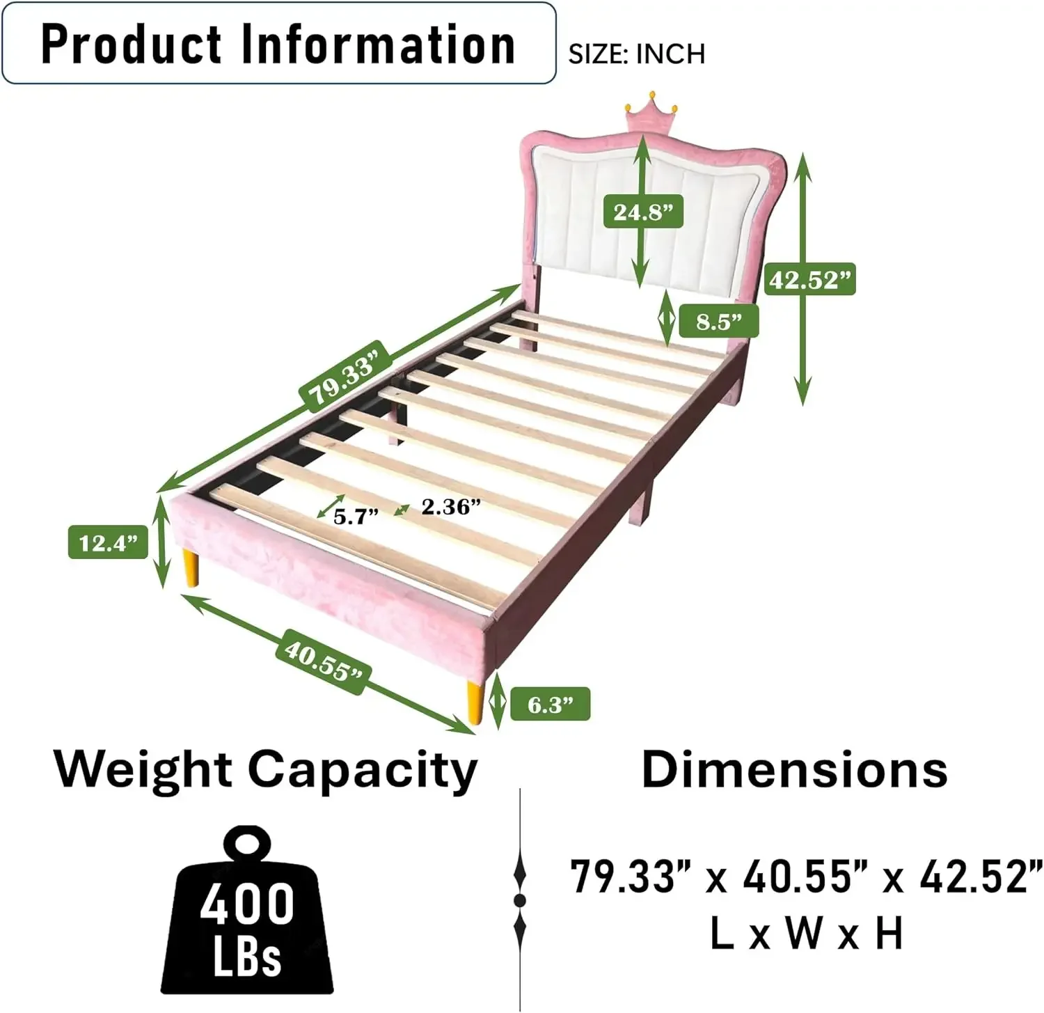 Princess Bedframe with Crown Headboard & LED Design,for Girls Bedroom,No Box Spring Needed & Easy Assembly, Pink