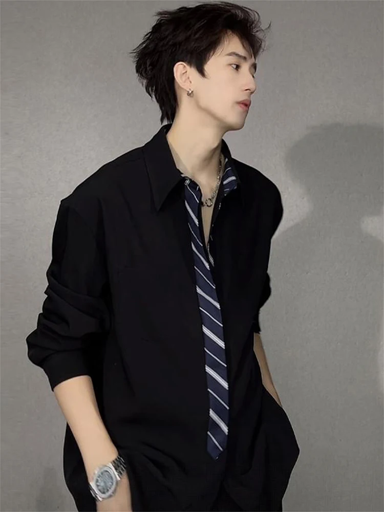 

Smart Chen Fake Tie Bla Long Sve Men's irt Autumn Old Money Sle Design Sense High Level Haome Outerwear Casual Fa...
