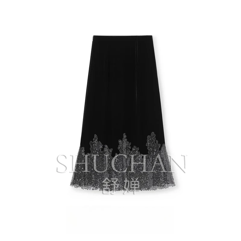 

Heavy Industry Embroidery Bright Beads 40 Mmi Silk Velvet Fishtail Skirt Women's Summer New