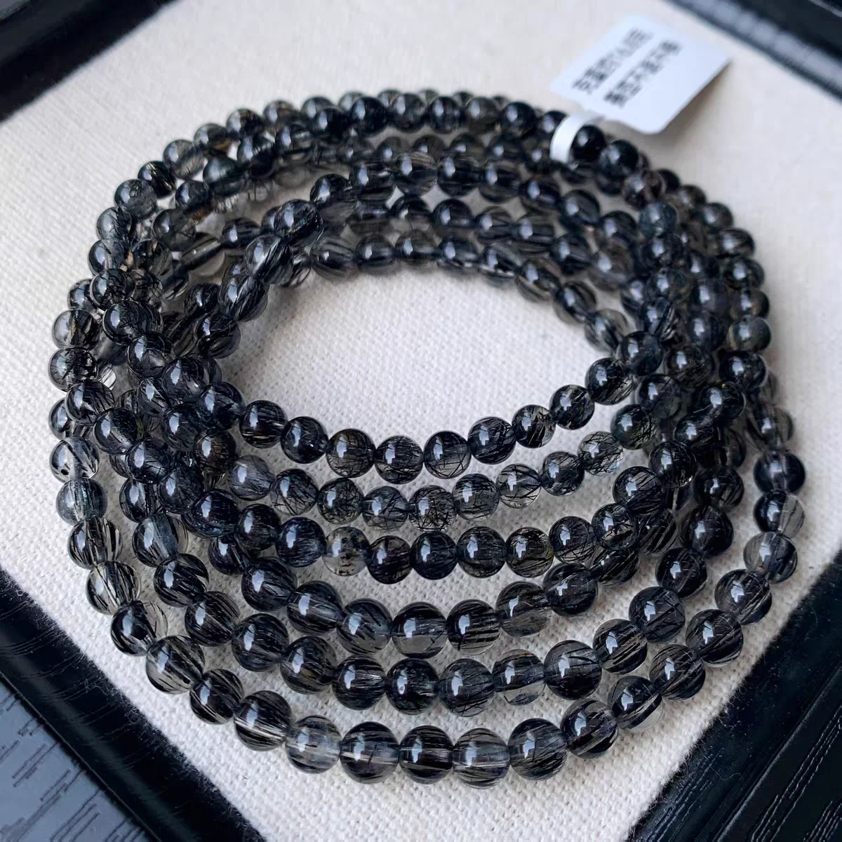Natural Black Rutilated Quartz Beads Bracelet Bangle 5.5mm 3 Laps Clear Beads Rutilated Women Men Big AAAAAA