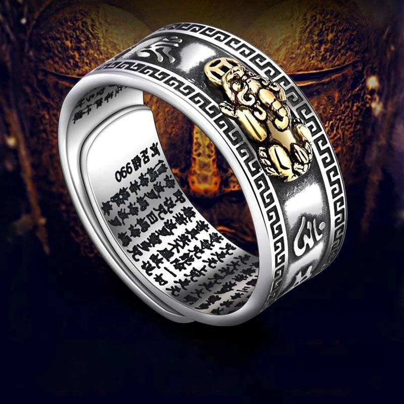 Fashionable Retro Heart Sutra Open Ring Dominant Wealth Attracting Treasure Men\'s Ring