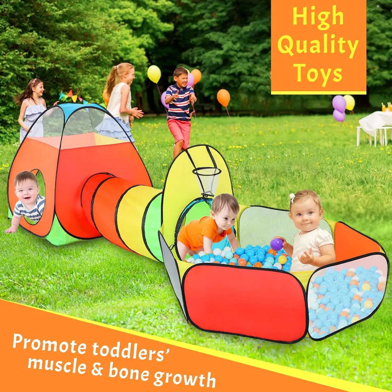 3 in 1 Kids Play Tent with Play Tunnel, Ball Pit, Basketball Hoop for Boys & Girls, Toddler Pop Up Playhouse Toy for Baby Indoor