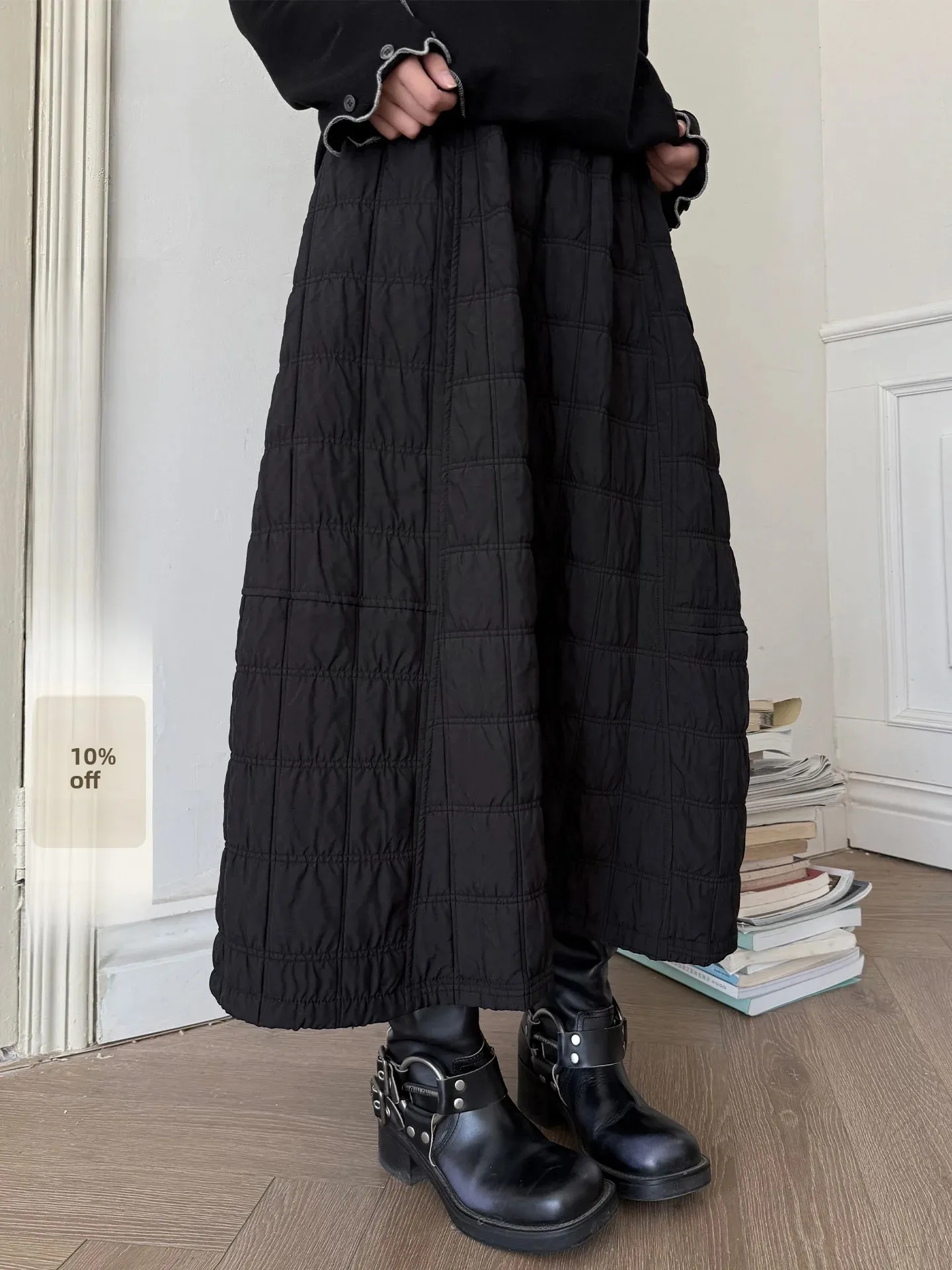Land And Mountain Island【Cloud Fuzz】Dark Series Double Quilted Cotton A-Line High Waist Slimming Half Skirt Casual Cotton