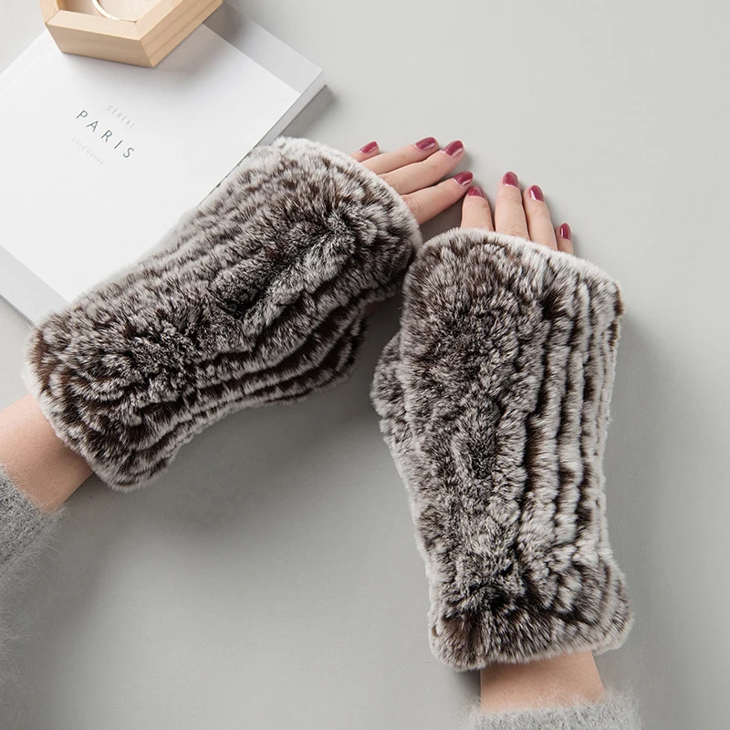 Women's Real Rex Rabbit Fur Fingerless Gloves | Winter Soft Fluffy Warm Plush Wrist Warmers for Typing & Daily Wear