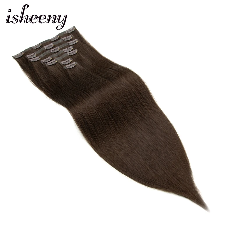 Isheeny clipe invisível em cabelo humano 7 pçs/set 12-24 polegadas natural em linha reta injetado fino pele do plutônio trama de cabelo pacotes clipe em