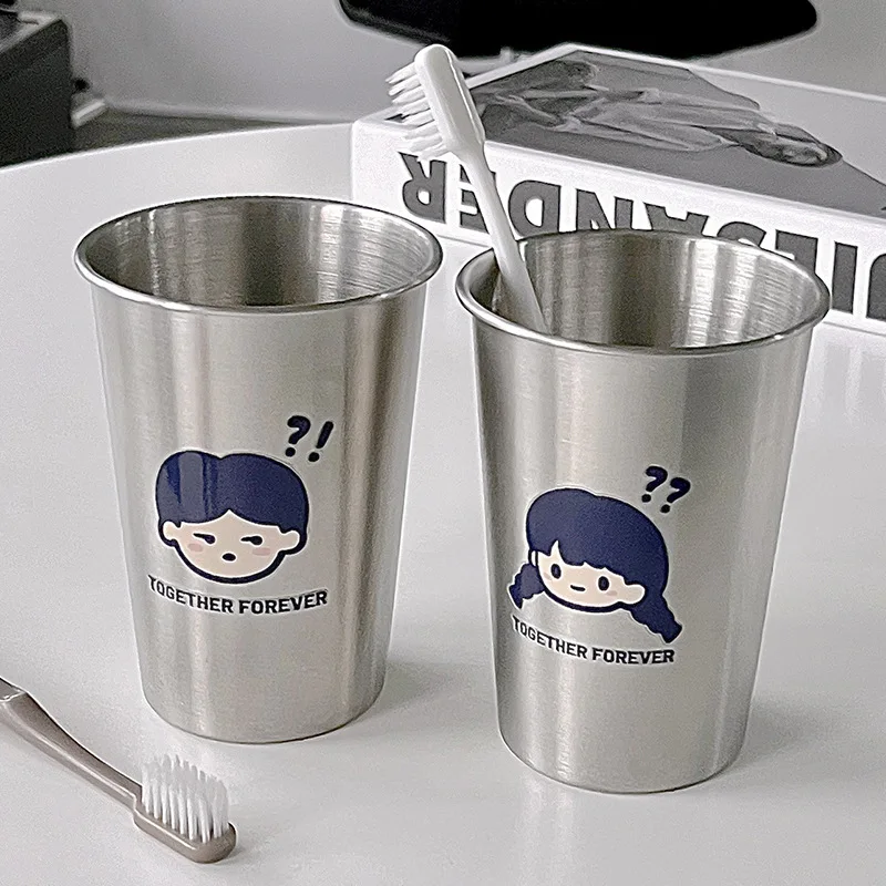 1Pc Cute Cartoon Boy Girl Couples Stainless Steel Brushing Cups Thickened Anti-drop Mouthwash Cup Toothbrush Toothpaste Holder