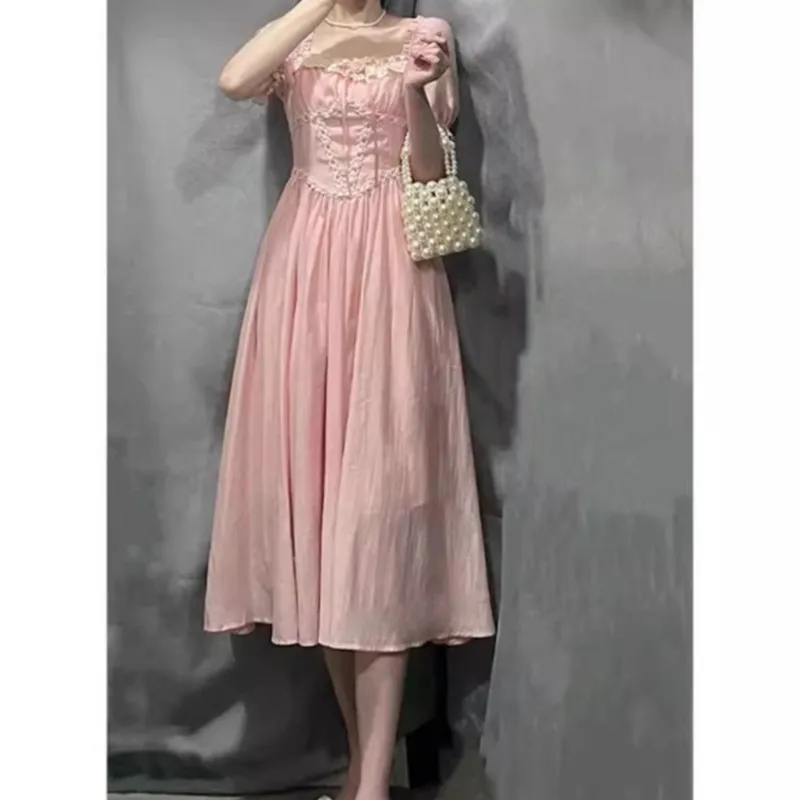 Tee pause elegantes Temperament Mode rosa Puff ärmel Kleid