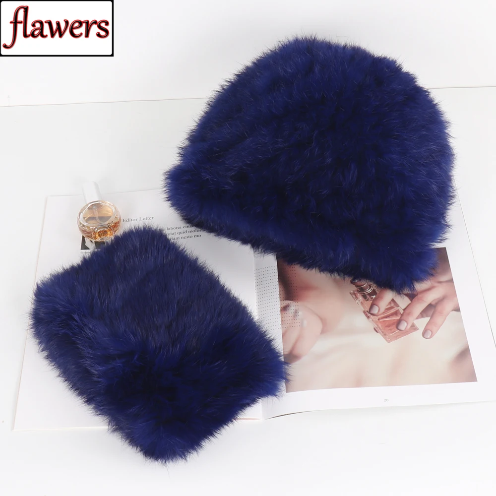 

Hot Sale Winter Lady Knit Real Rabbit Fur Hat Scarf Sets Natural Rabbit Fur Cap Scarves Women Warm Real Fur Hat Muffler 2 Pieces