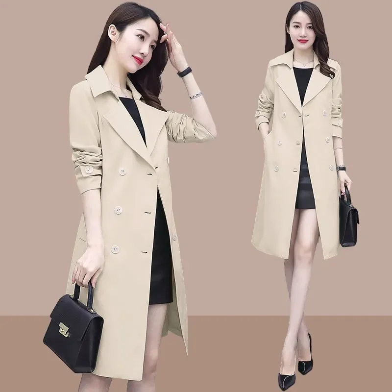 Casual Windbreakers Women's Overcoat Fashion Slim Mid-Length Belt Double-Breasted Coat 2024 Spring Autumn New Trenchcoat Coat