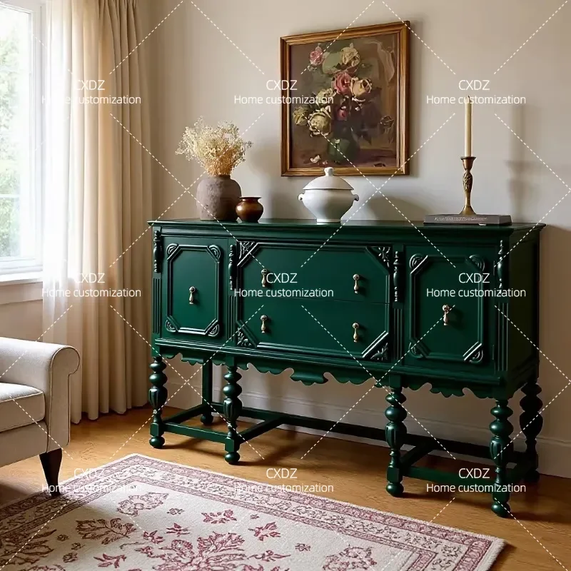 American Retro Solid Wood Engraved Dining Side Cabinet French Medieval Wall Entrance Storage Partition Cabinet Green