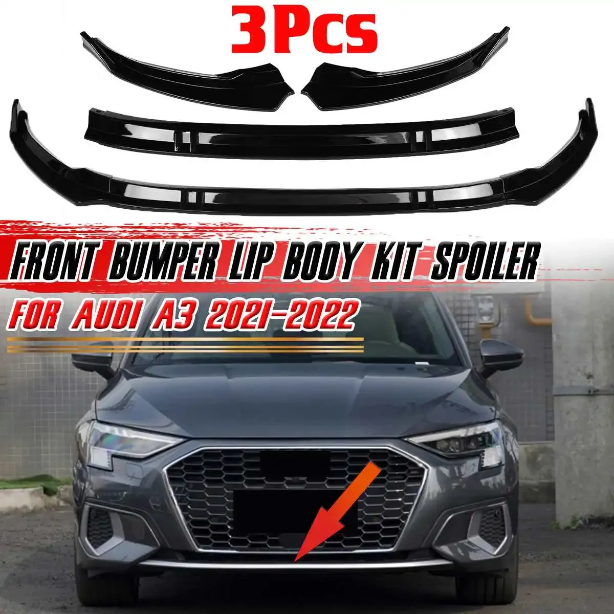 

A3 3pcs Front Lip Chin Bumper Body Kits Splitter Diffuser Lip Protector Spoiler Deflector Lip Guard For Audi A3 2021 2022