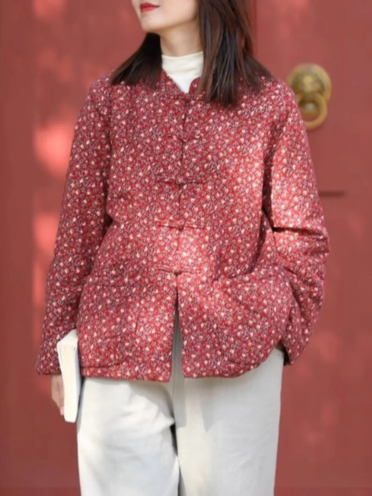 

Retro Chinese Cotton Linen Floral Print Women's Jaet Winter Thiened Red Cotton Coat Slimming Warm Long Sve Stand Collar