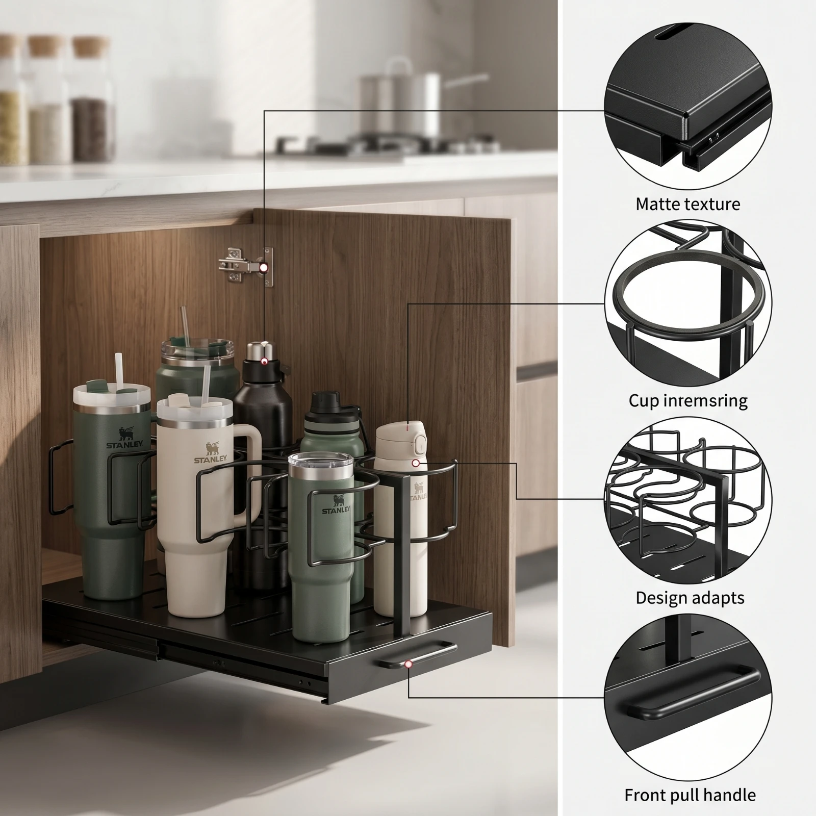 Tumbler Holder with Slide-out Rail Space-Saving Pull-out Cabinet Organizer Insulated Cup Rack Slimline for Pantry