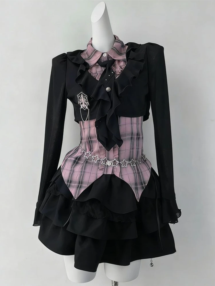 Black Gothic American Vintage 2 Piece Suits Y2K Crop Top Blouse Irregular Dress Women Slim Fit Korean Harajuku Retro Outfit - view 2