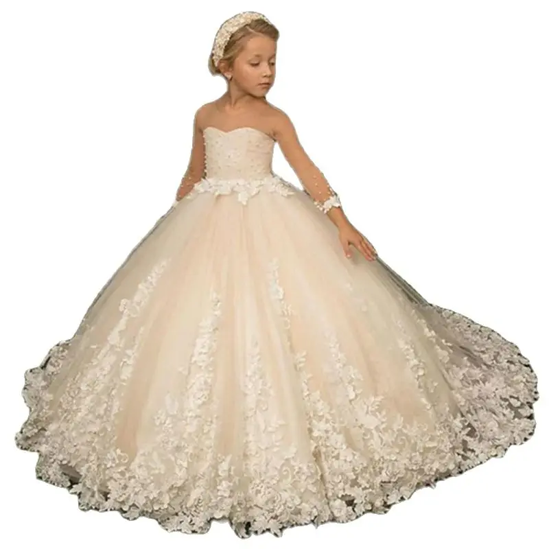 Pó Blusher Rosa Fofo Tule Smoking Manga Longa Applique Flower Girl Dress Casamento Elegante Crianças Vestido De Aniversário De Natal