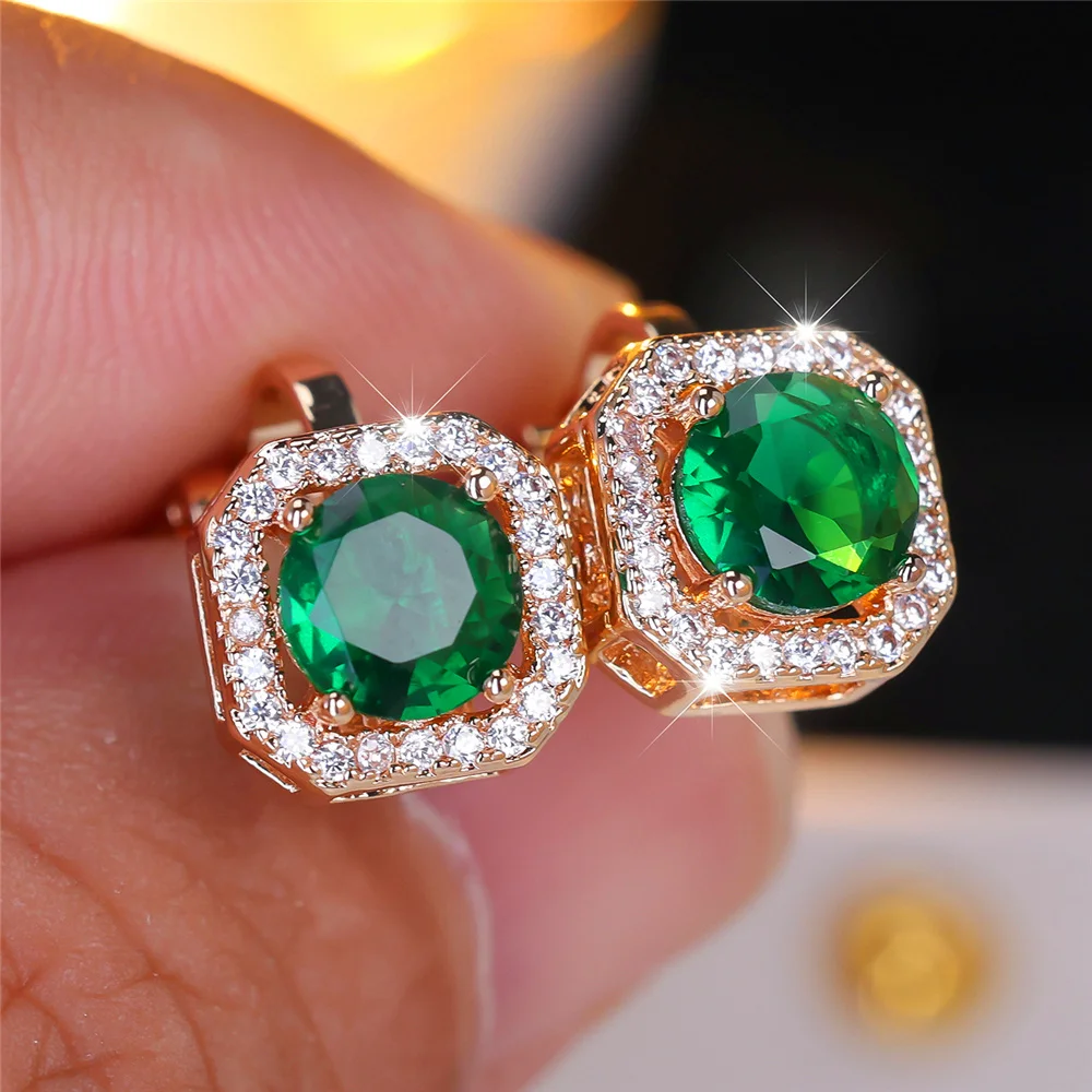 Crystal Round Stone Clip Earrings For Women Rose Gold Silver Color White Green Blue Zircon Jewelry Simple Fashion Gifts