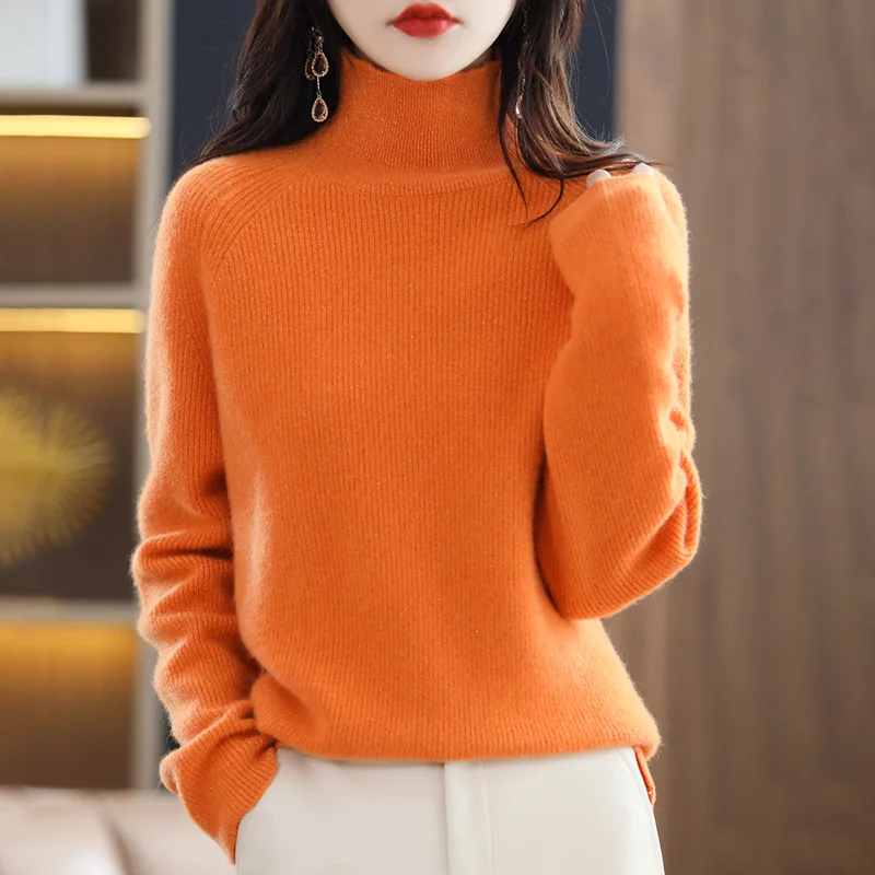 

100% Pure Wool Sweater Women's High Neck Pullover Sweater 2022 Autumn and Winter New Solid Outer Wear Warm Loose Top
