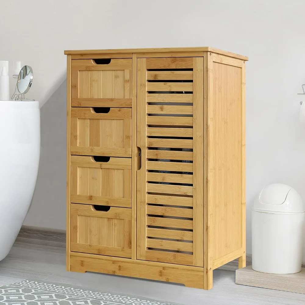 

Bathroom Storage Cabinet with 4 Drawers, Freestanding Bamboo Cabinet with 2 Removable Shelves, Bathroom Storage Cabinet