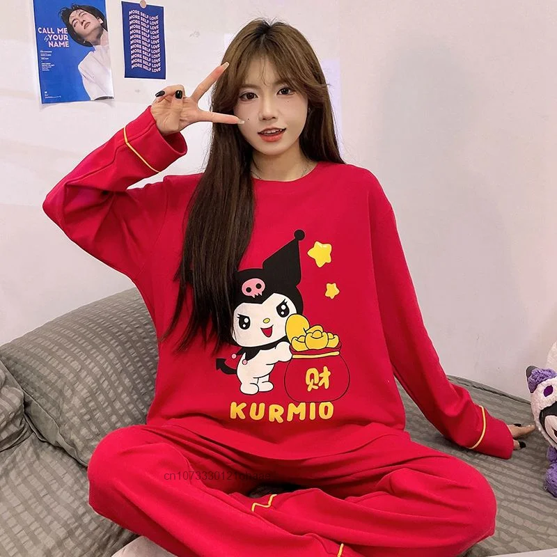 Sanrio Hello Kitty New Fashion Red Pajamas Suit Long Sleeve Cotton Top Shirts Pants 2 Piece Set For Women Y2k Cute Home Clothes