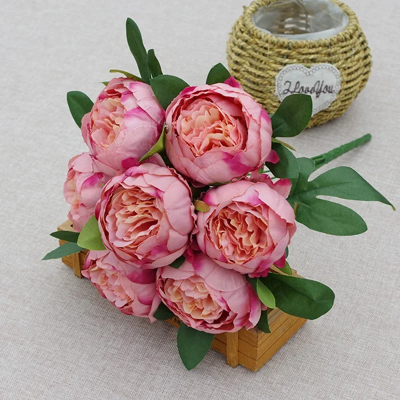 7 Heads Artificial Peony Bouquets Wedding Flowers Arrangement,Blue Red White Silk Peonies Flower Home Office Table Decoration