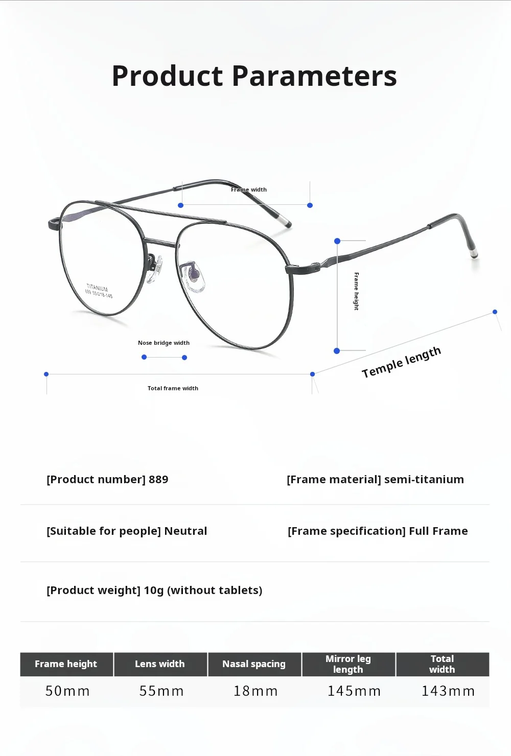 YIMARUILI Modischer Pilotenbrillen-Trend für Damen und Herren, ultraleichte, flexible Titanlegierung, Doppelbalken-Retro-Brillengestell 889 – Detail 8