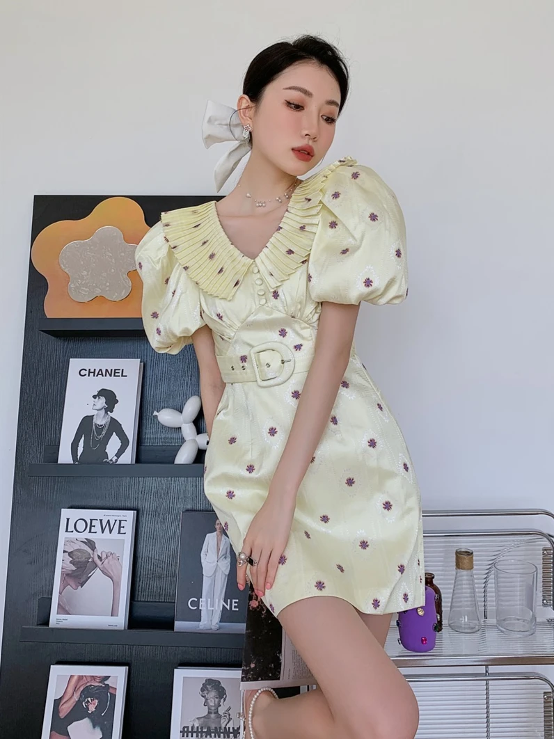 CHEERART Yellow Puff Sleeve Floral Elegant Dresses For Women 2022 Summer Short Sleeve A Line Mini Party Ladies Dress With Belt