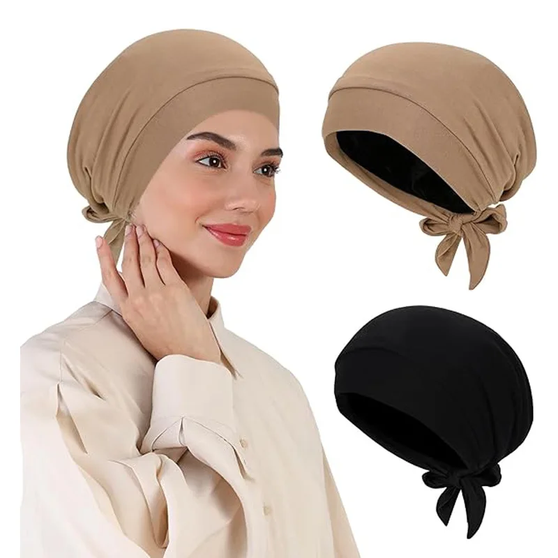 

New women Muslim Satin Hijab Cap Pre-Tied Jersey Hijab Cap Elastic cotton solid color wrap head scarf Stretch Turban Underscarf