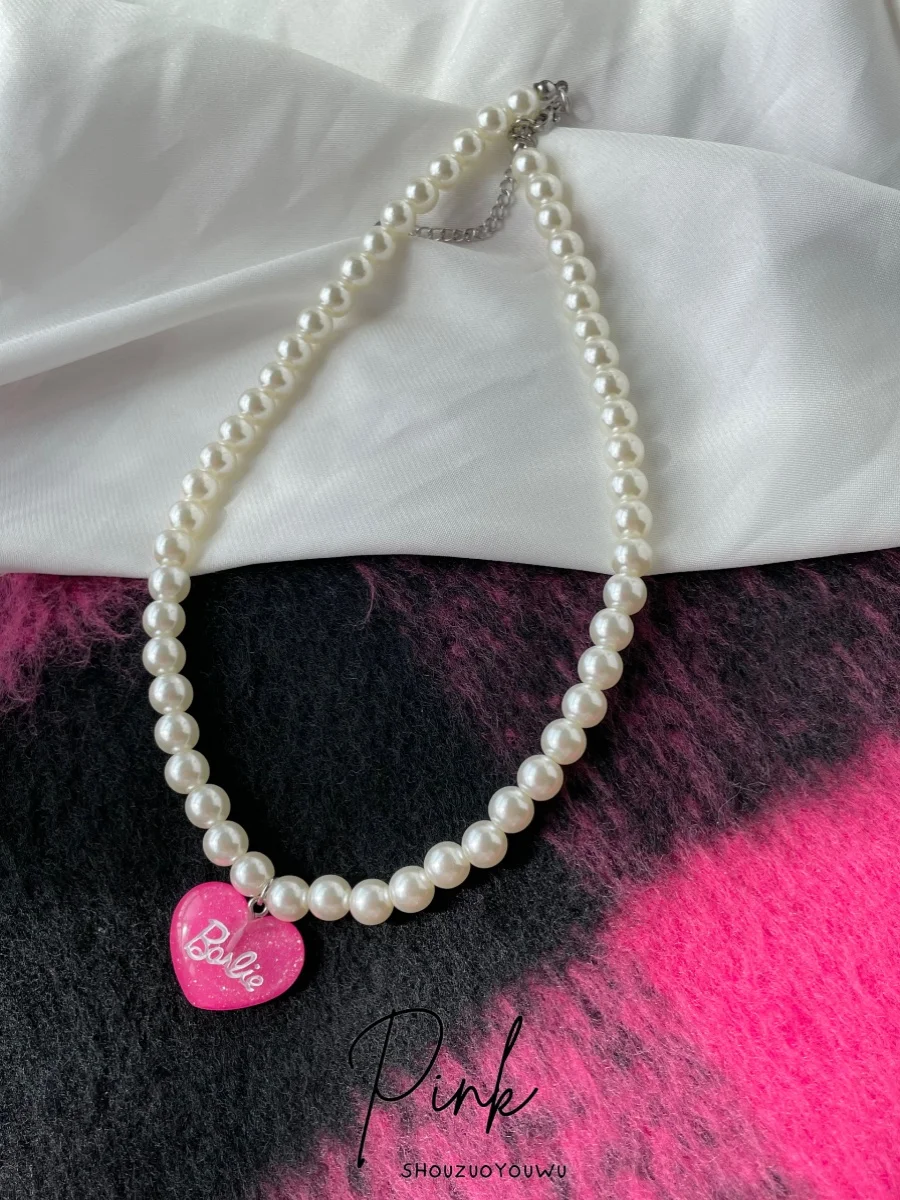 Original Homemade Sweet Cool Barbie Pink Love Pearl Necklace Versatile Personalized Spicy Girl Cute Female Collarbone Chain Gift