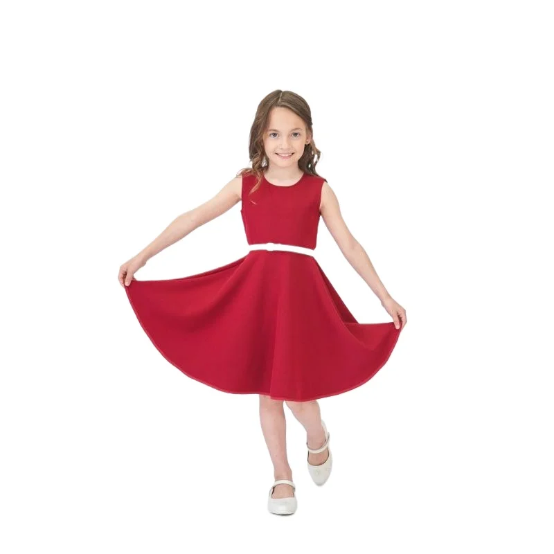 

2025 Spring Summer Solid Color Girls Sleeveless A-line Dress Belt College Style 7 Colors Children Casual Pleated Dress