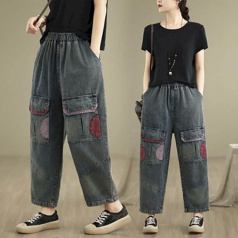 クロップドジーンズ女性カジュアルルーズコントラストカラーパッチワークデニムハーレムパンツヴィンテージ弾性ウエストストリート女性服