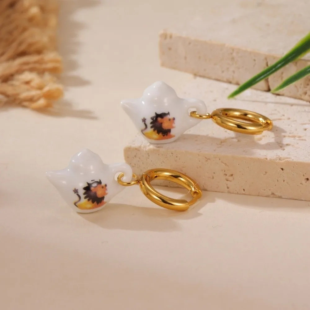 Dripping Oil Ginger Cat Pattern Hoop Earrings Stainless Steel Y2K Plate Teacup Tea Pot Ear Buckle Sweet Cute Porcelain Earrings
