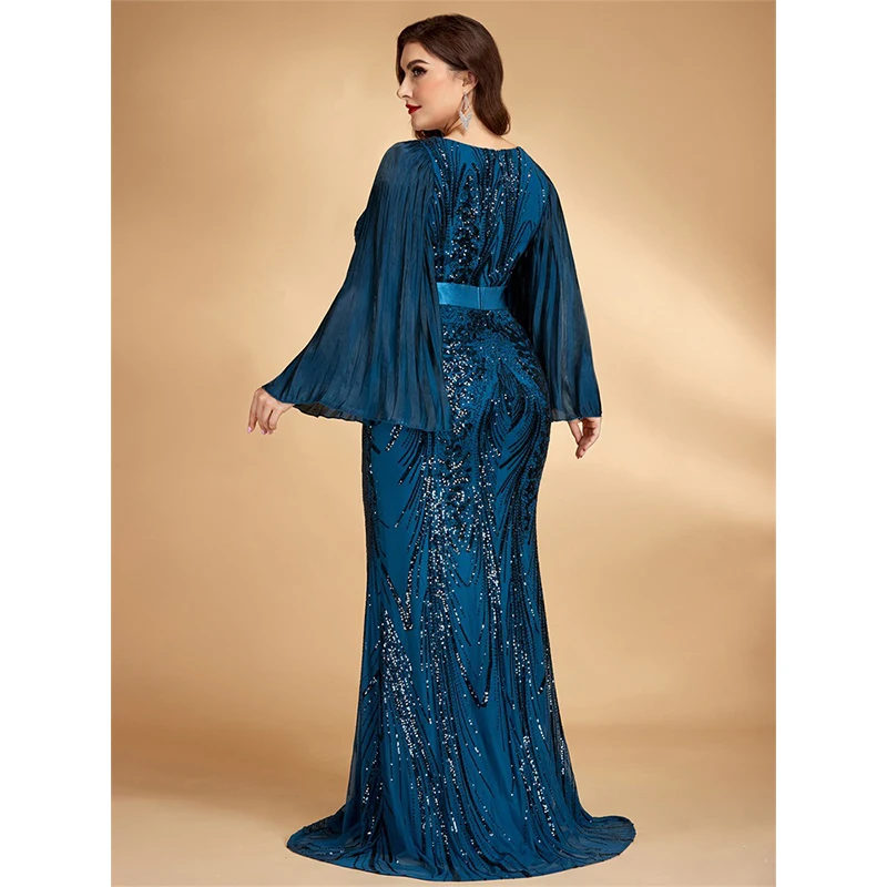 Big Size 4XL Women Vestido De Festa Flare Sleeve V Neck Blue Sequined Evening Party Cocktail Prom Long Dress - view 6