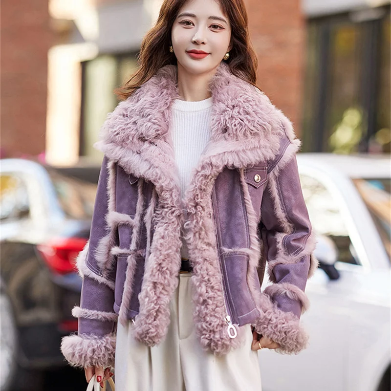 2026 Double-faced Suede Rabbit Fur Coat Women's Wool-neck Short Jacket Autumn Winter Spliced Zip-up Loose Streetwear Outerwear