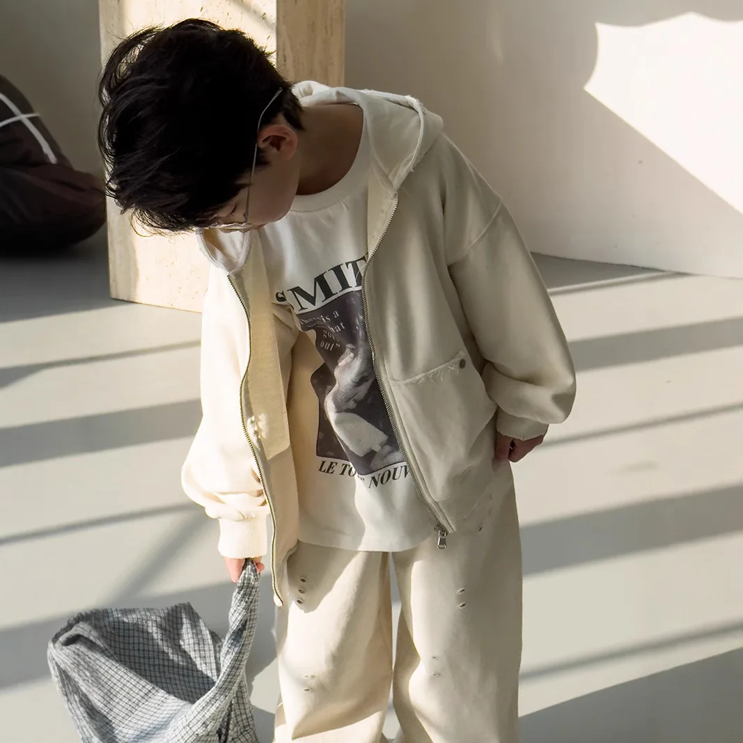 Children Clothes Set Boys Spring and Autumn 2025 New Koreanstyle Solid Color Fashion Casual Hoodie Sports Two Piece Set
