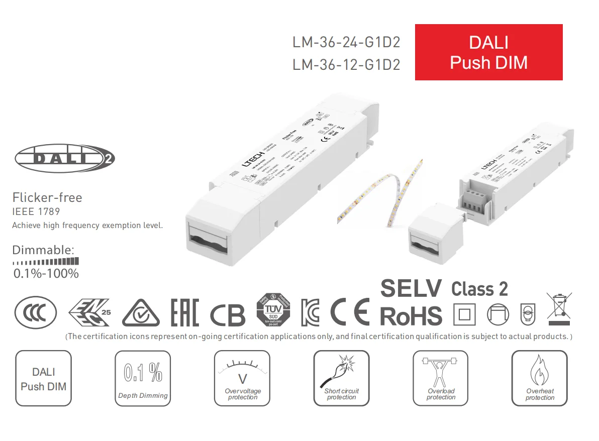 

LTECH LM-36-24-G1D2 24VDC 36W LED Intelligent Driver constant voltage DALI-2, Push DIM 0~100%, dimming down to 0.1% Brand New