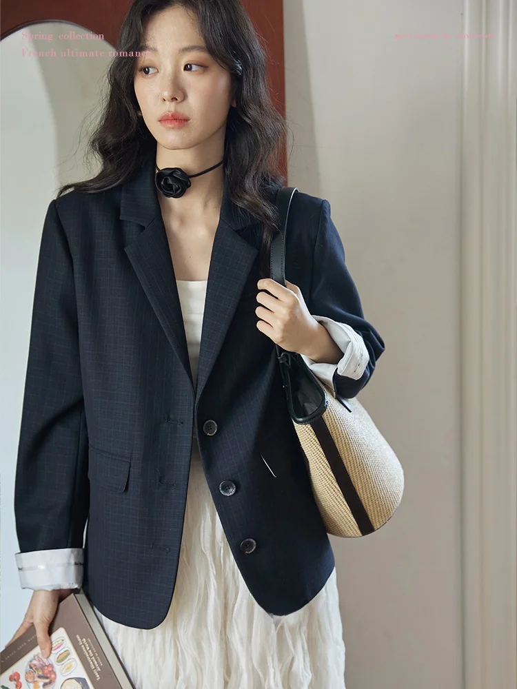 

Женский осенний винтажный пиджак Moriirose Deep Blue Plaid Color Blo Cuff свободного кроя для офиса, с длинными рукавами, из полиэстера