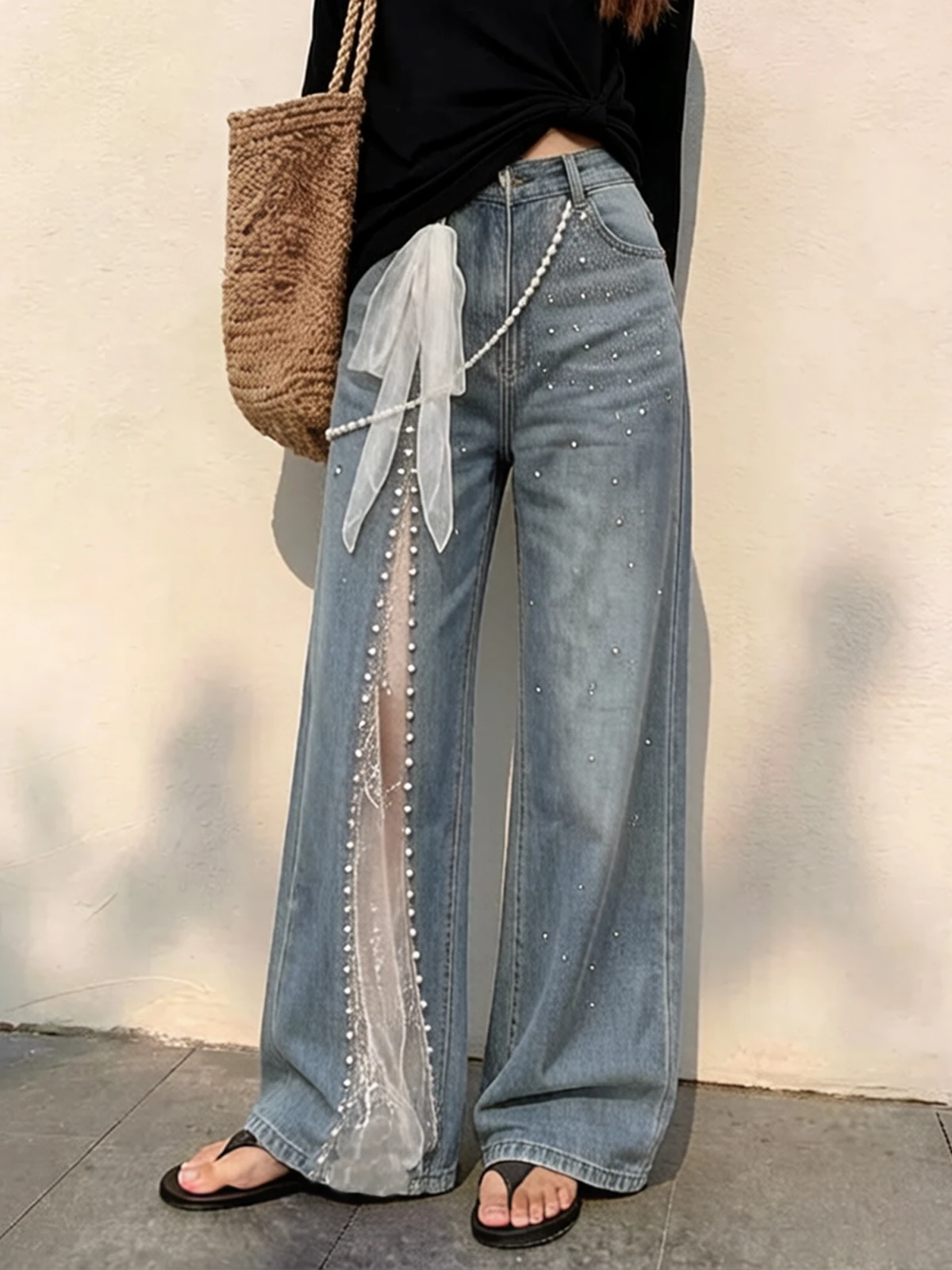 

High Waist Wide Leg Lace Mesh Patchwork Shiny Diamond Denim Pants Women's Summer New Loose Slim Straight Long Trousers