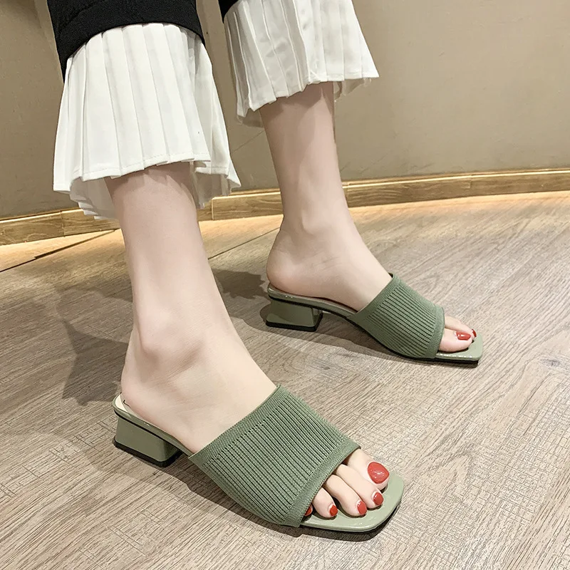 Trendy Shoes for Women Slippers Outdoor Summer Fashion Knitted Stretch Square Heel Open Toe Thick Sandals Huaraches Mujer 2022